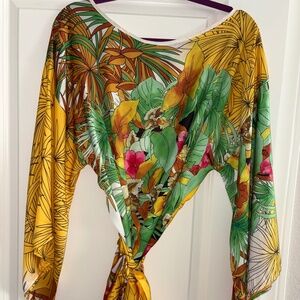 NWOT! AUM-COUTURE 100% Silk Tropical Belted Tunic/Short Kaftan O/S Fits Most